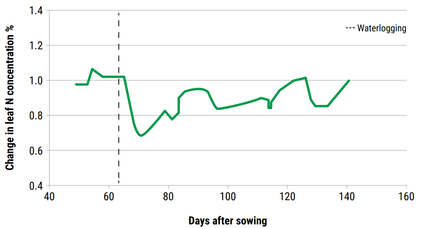 Figure 2: Impact of water logging on the N concentration of the fully expanded leaf at the<br />
top of a plant and timing of when waterlogging occurred. Post waterlogging it is important<br />
to get the crop back on track quickly, monitoring plant nutrient concentration and crop vigour<br />
are key components when light, heat and water are non-limiting, and the crop is showing<br />
signs of active growth (white roots, new leaves in the terminal bad or internode elongation).<br />
Source: WaterPak, page 281.